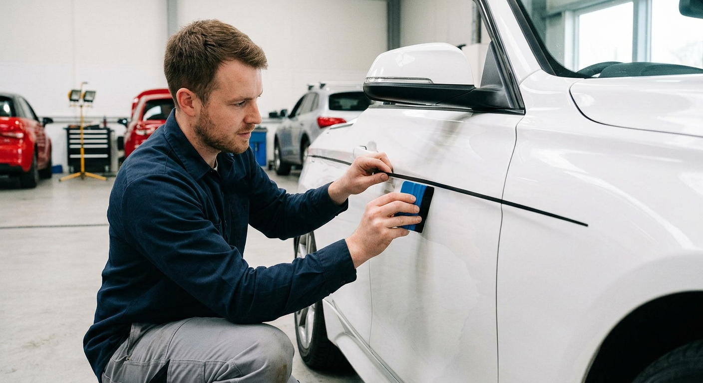 technician applying black prostripe pinstripe to the side of a white car using a squeegee